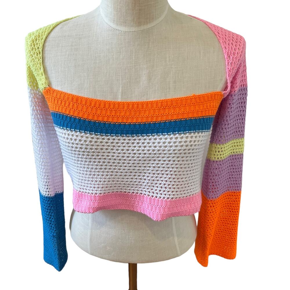 Neon Color Block Cropped Fishnet Sweater S